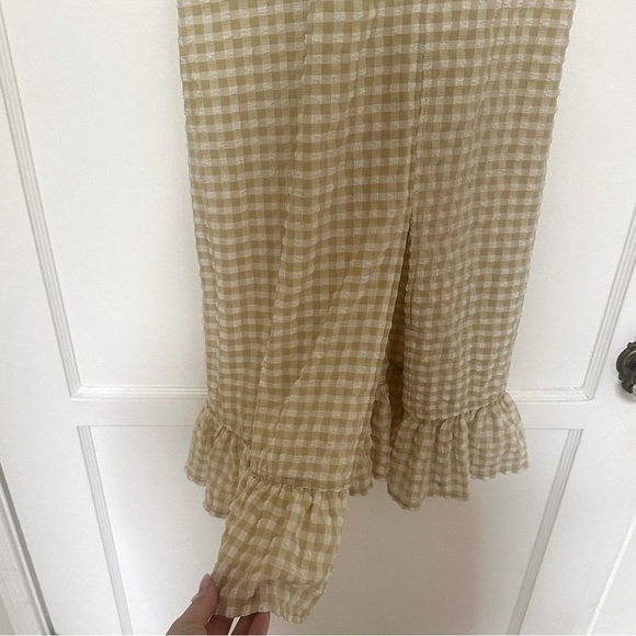 Ganni Beige Khaki Smocked Seersucker Gingham Cold Shoulder Dress, size 34 - Picture 14 of 14